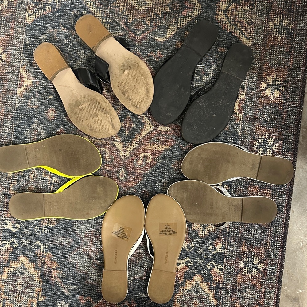 Express Women's Sandals Lot- Tan, Black, Yellow, Silver, Cream - Picture 2 of 2